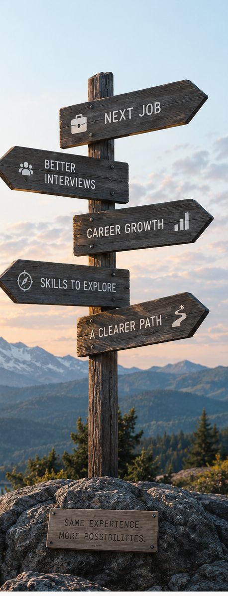 A weathered wooden signpost on a rock
           above a mountain lake. Five arms point in different directions: next
           job, better interviews, career growth, skills to explore, and a
           clearer path. A plaque on the rock reads: same experience, more
           possibilities.